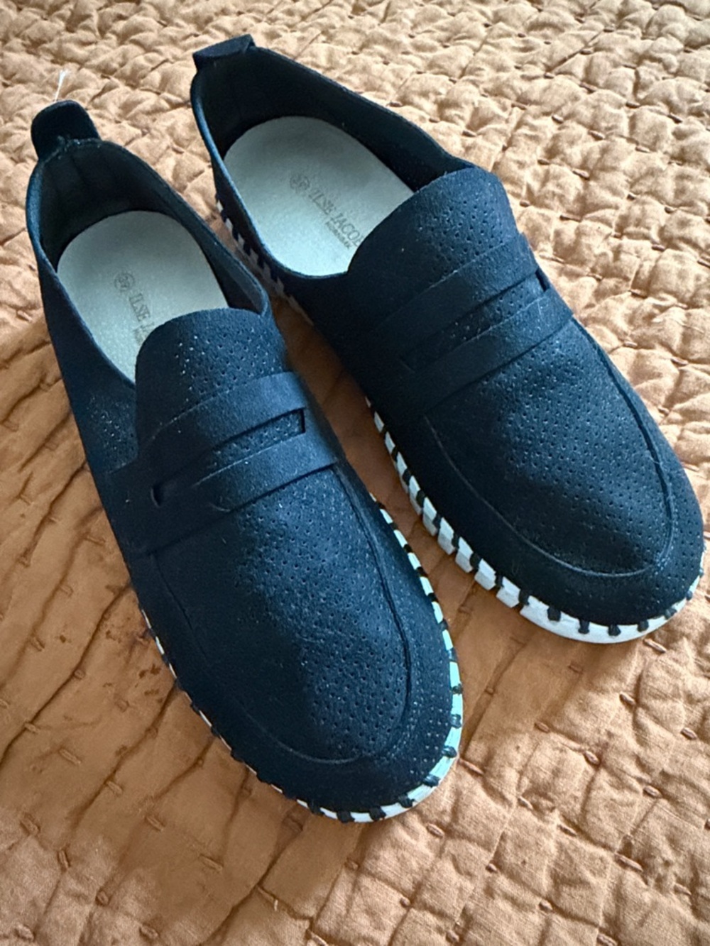 Ilse Jacobsen Black Perforated Slip-On Loafers with White-Trim Sole